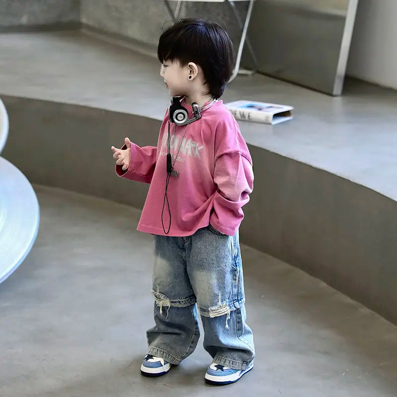 2pcs Set Children's Clothing 2026 Boy Spring Autumn New Korean Version Pink Gradient Base Shirt Fashion Personalized Denim Pants