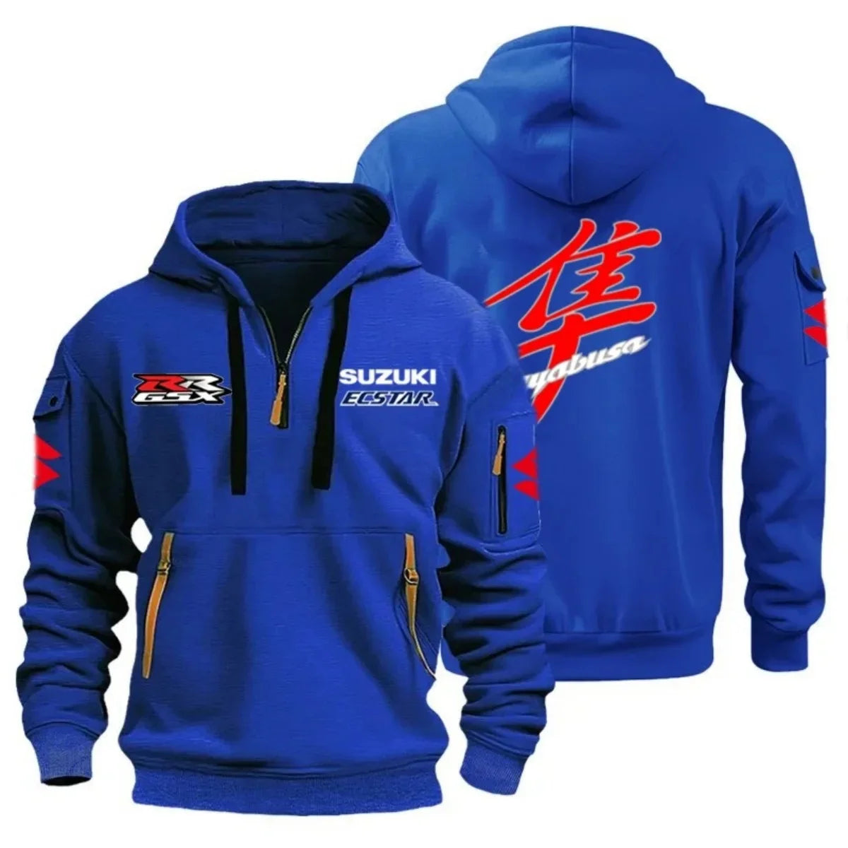 Men's Casual Street Outdoor Sports Motorcycle Hoodie Multi-Pocket Semi-Zipper Graphic Sweatshirt