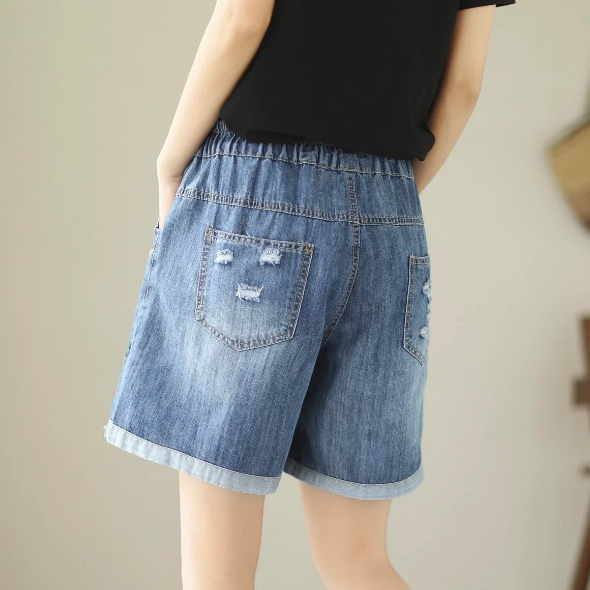 Embroider Shorts Jean For Women Summer Japanese Style Ethnic Elastic Waist Blue Flowers Embroidery Denim Shorts y2k