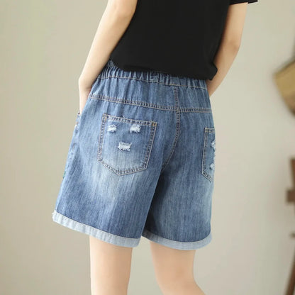 Embroider Shorts Jean For Women Summer Japanese Style Ethnic Elastic Waist Blue Flowers Embroidery Denim Shorts y2k