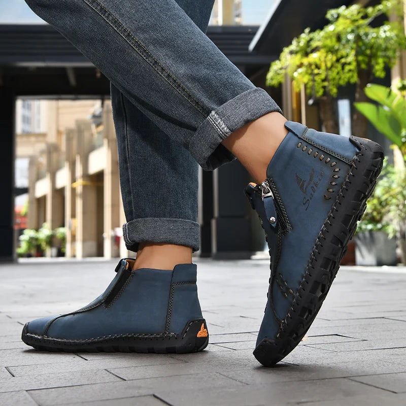 New Winter 2024 Handmade Leather Men Boots Zipper Design Sneakers Man Breathable Casual Leather Shoes Men Ankle Boots Outdoor
