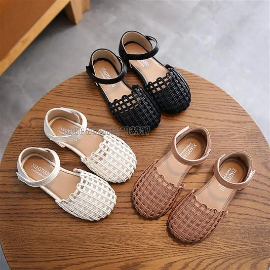 Girls Sandals Summer New 1-12 Years Baby Kids Soft Soled Woven Closed Toe Children Princess Hollow Shoes