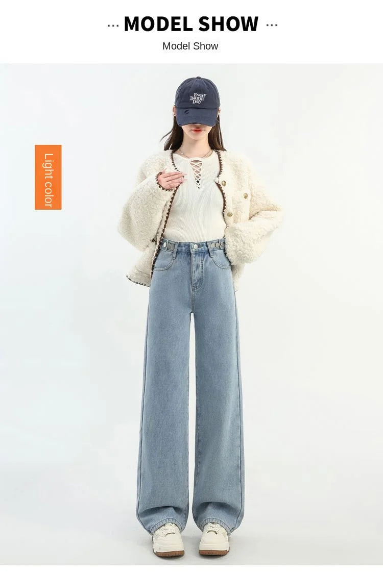 Winter Thick Warm Womens High Waist Jeans Fleece Lined Loose Fit Wide Leg Trousers Korean Style Stretchy Adjustable Waist  Jeans