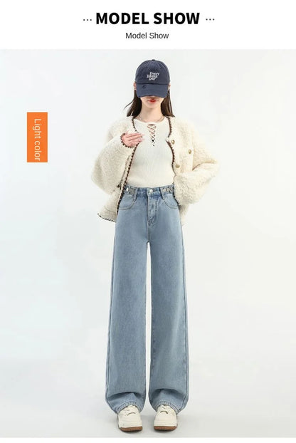 Winter Thick Warm Womens High Waist Jeans Fleece Lined Loose Fit Wide Leg Trousers Korean Style Stretchy Adjustable Waist  Jeans