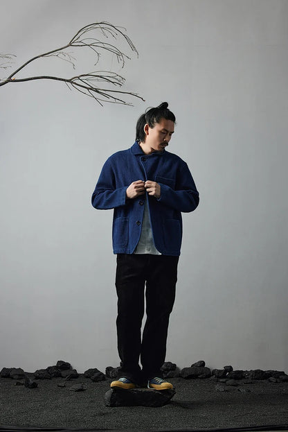 Heavy Weight Indigo Jacket Men Autumn Winter Vintage Workwear Tooling Jacket Blue Dyed Kendo Fabric Multi-pocket Cardgian Coat