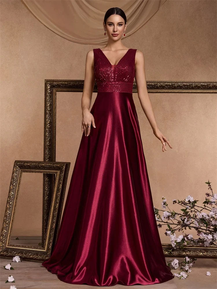 Elegant Sequins Evening Dress For Women 2024 Deep V-neck Satin Prom Party Green Dress Floor Length Blue Formal Gowns