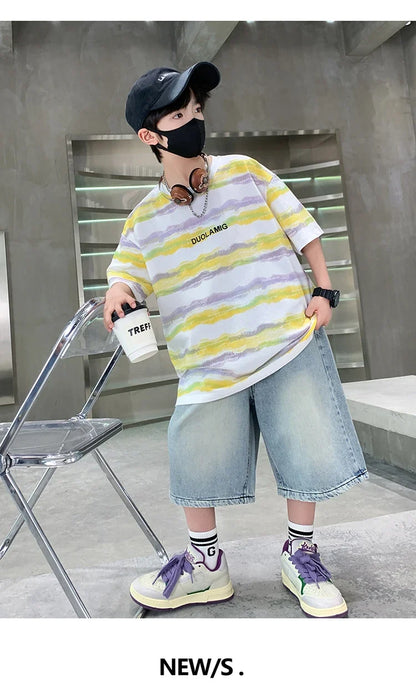 2025 New Arrival Summer Boy Clothing Set Yellow Stripe Tshirt + Denim Shorts Two Pieces Outfit Clothes Set for Kids Child 5-14T
