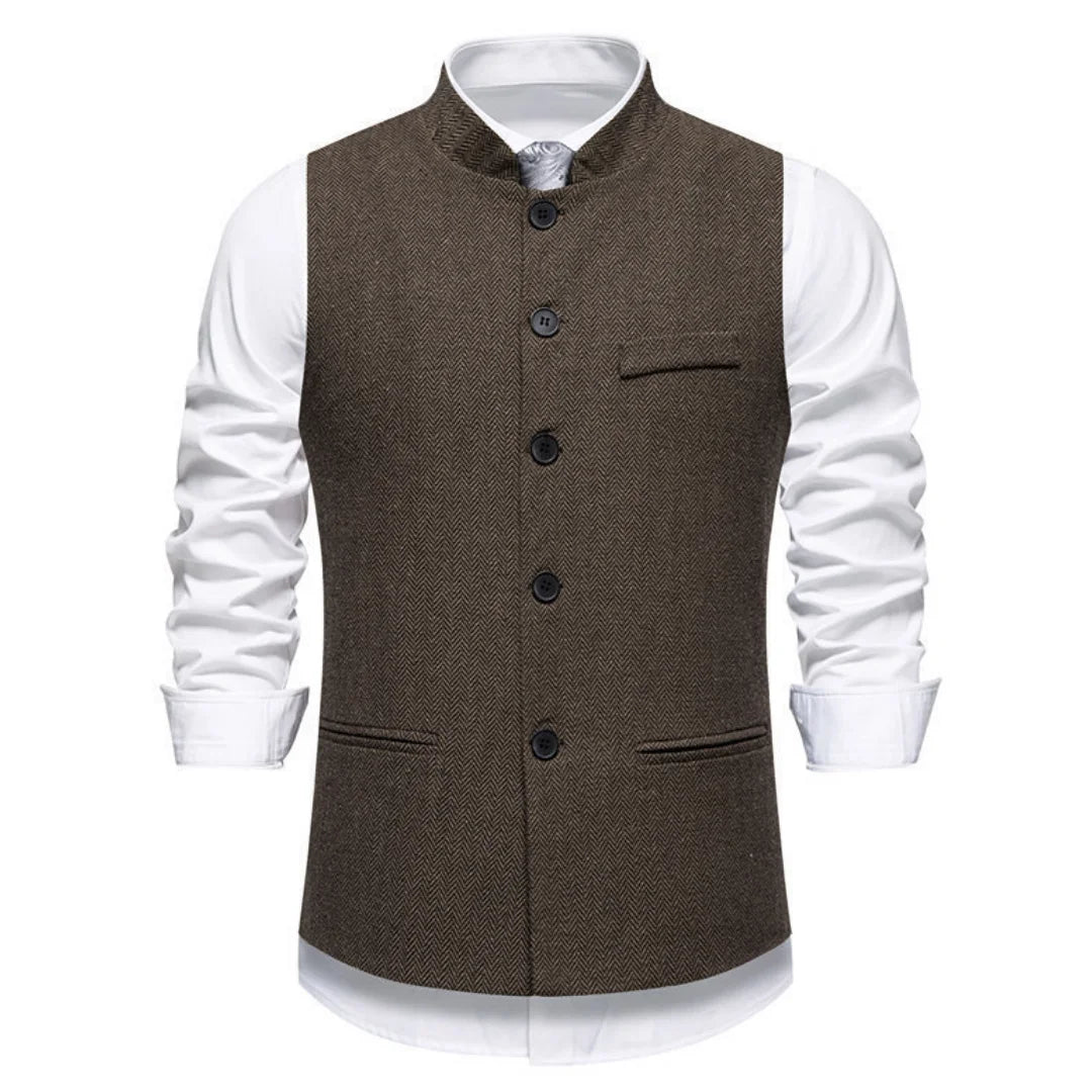 Men Vest Brown Herringbone Height Collar Single Button Waistcoat For Wedding Business Work Office Daily Casual Men Suit Vest