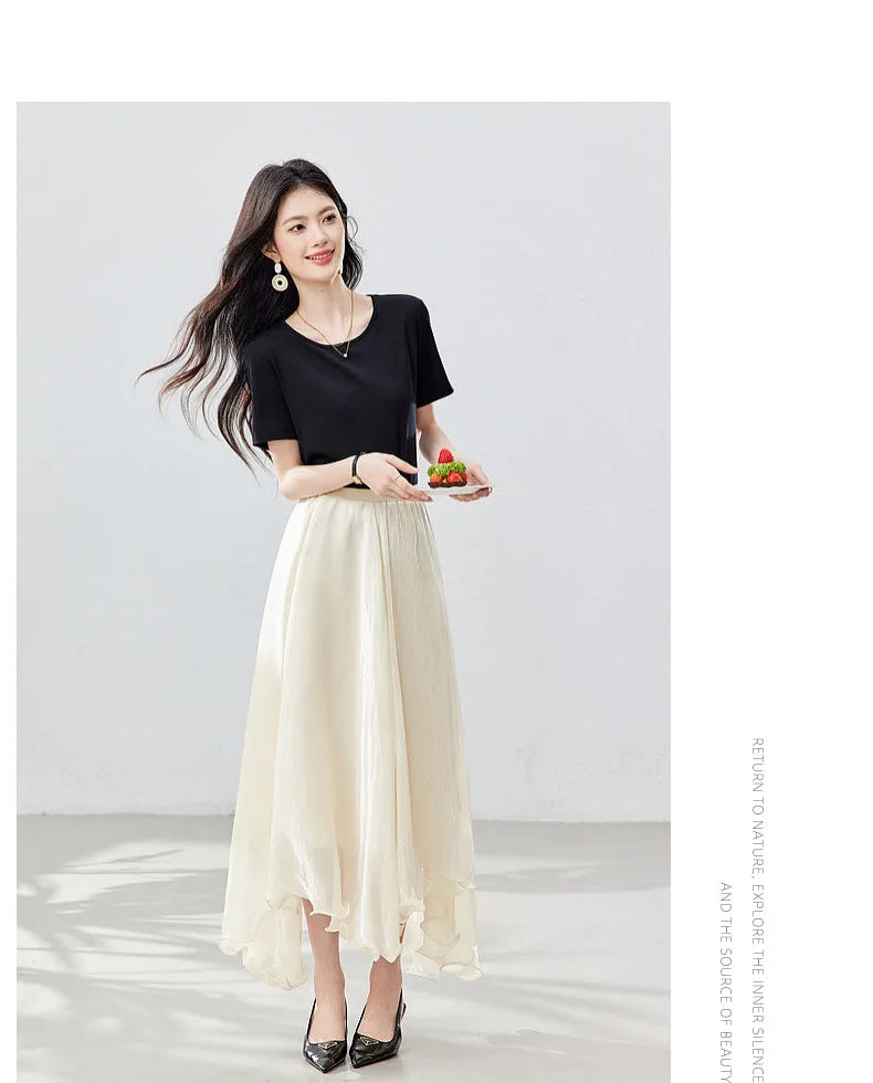 French A-line Shimmer Skirt for Women 2026 Summer New Fashion Irregular Ruffle Hem Elegant Office Maxi Skirt Bottoms 30813