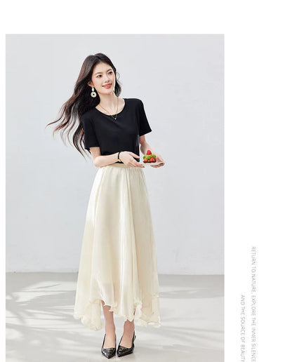 French A-line Shimmer Skirt for Women 2026 Summer New Fashion Irregular Ruffle Hem Elegant Office Maxi Skirt Bottoms 30813