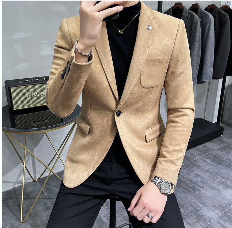 Men's Deerskin Fleece Suit Jacket 2025 Spring New High Quality Single Button Slim Fit Business Casual Suit Coat  Men Clothing