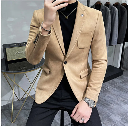 Men's Deerskin Fleece Suit Jacket 2025 Spring New High Quality Single Button Slim Fit Business Casual Suit Coat  Men Clothing
