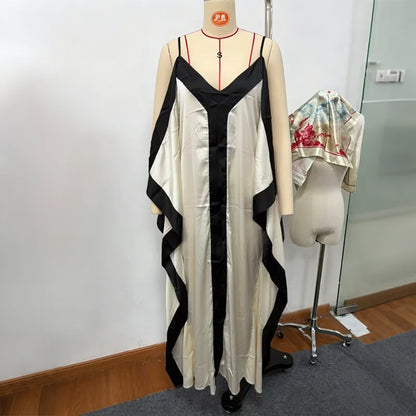 Contrast Black Trim Satin Maxi Dress Deep V Neck Loose Flowy Ruffle Hem Lady Long Gown 2026 Summer Formal Chic Vacation Dresses