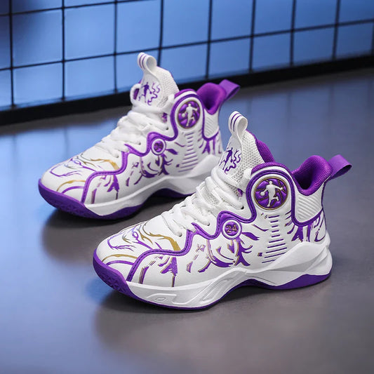 A pair of children's four-season high-top leather basketball shoes, wear-resistant and soft sneakers, sizes 31-37，YY-Y2876