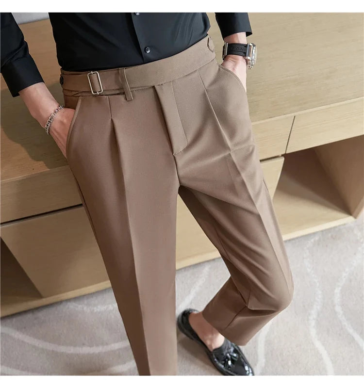 2026 Texture Naples Men's Solid Color Casual Pants Fashion Belt Design Slim Fit Suit Pants Formal Wear Wedding Social Trousers