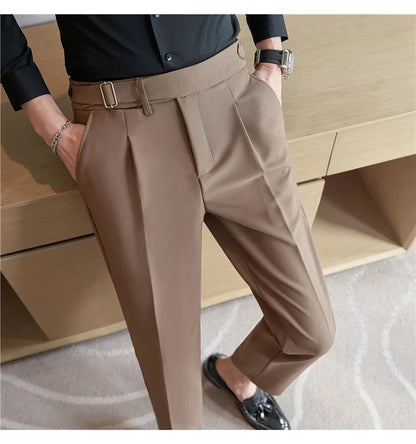 2026 Texture Naples Men's Solid Color Casual Pants Fashion Belt Design Slim Fit Suit Pants Formal Wear Wedding Social Trousers