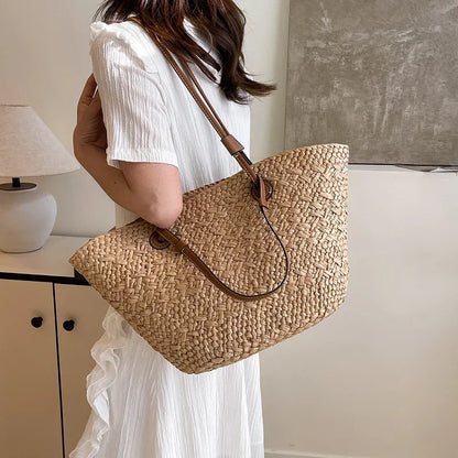 Summer Wicker Woven Basket Bags Rattan Women Handbags Handmade Summer Beach Straw Tote Bag Designer Shoulder Bag Khaki
