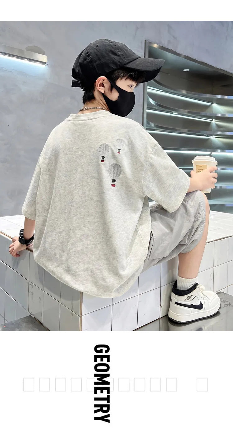 Fashion Boys Summer Outfit T-shirt Shorts Sports Set Children Top and Bottom Tracksuit Set Kids Casual Cotton Sportswear 5-14Y