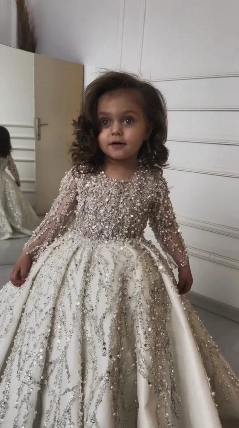 MisShow Custom Flower Girl Dress Wedding Dress First Christmas Dress Party Dress Long Sleeve Sequin Princess Kids Formal Dress
