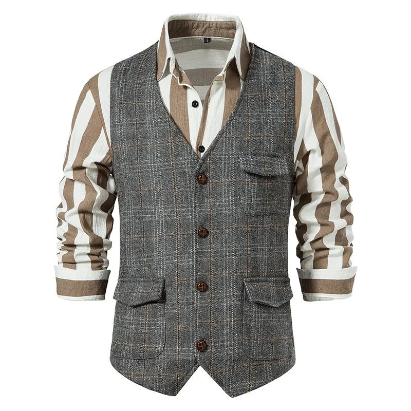 Suit Vest Men British Style Plaid Single-breasted Pocket Man Waistcoat Business Casual Slim Sleeveless Male Vest