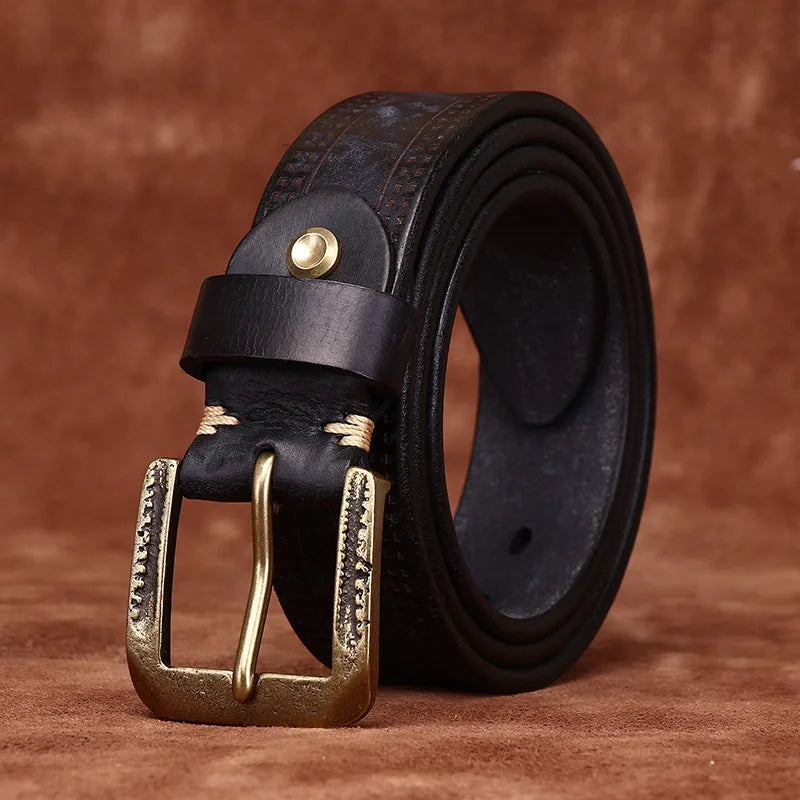 3.8CM Pure Cowhide High Quality Genuine Leather Belts for Men Brand Strap Male Brass Retro Buckle Jeans Cowboy Cintos Luxury