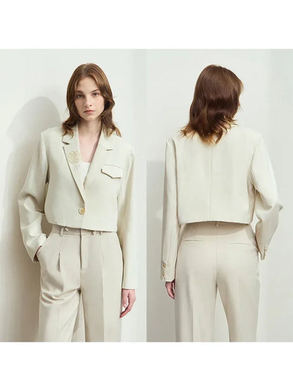 2026 Short Jacket Women's Shoulder Padded Suit Collar Rose Beaded Embroidery Autumn Long-sleeve Commuter Top 12521069