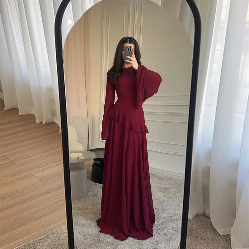 Women Chiffon Solid Ruffled Dress Flare Sleeve Round Neck 2025 New Elegant Maxi Gown Evening Party Fashion Holiday Lady