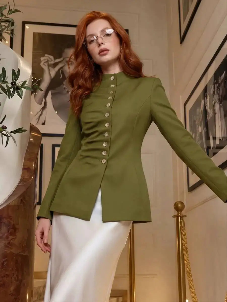 Women 2026 Spring Autumn Mandarin Collar Blazer Ruched Front Multi Row Buttons Long Sleeve Fit Formal Office Outerwear Coat