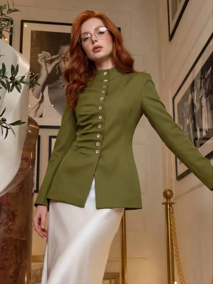 Women 2026 Spring Autumn Mandarin Collar Blazer Ruched Front Multi Row Buttons Long Sleeve Fit Formal Office Outerwear Coat