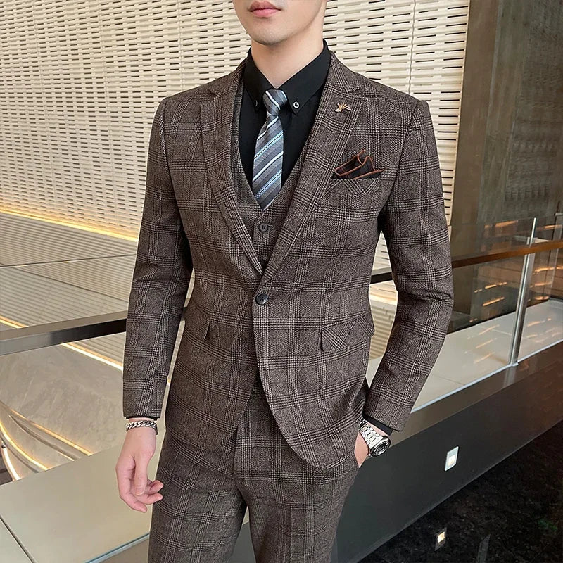 Men's Suit 3 Piece, Business Casual Jacket Vest with Trousers, Gray Dark Brown Slim Fit Suit, Asian Size M-5XL