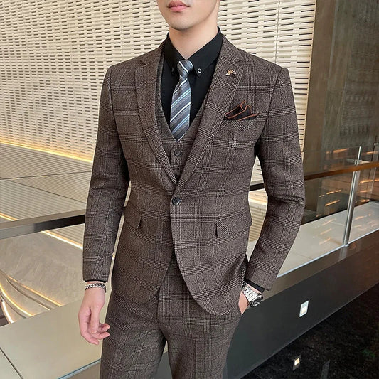 Men's Suit 3 Piece, Business Casual Jacket Vest with Trousers, Gray Dark Brown Slim Fit Suit, Asian Size M-5XL