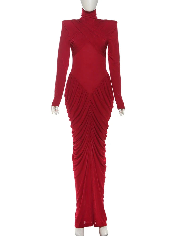 Autumn New Style Maxi Dress Women Turtleneck Full Sleeve Backless Skinny Stretch  Prom Party Ruched Elegant Vestidos