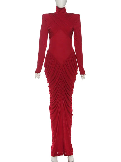 Autumn New Style Maxi Dress Women Turtleneck Full Sleeve Backless Skinny Stretch  Prom Party Ruched Elegant Vestidos
