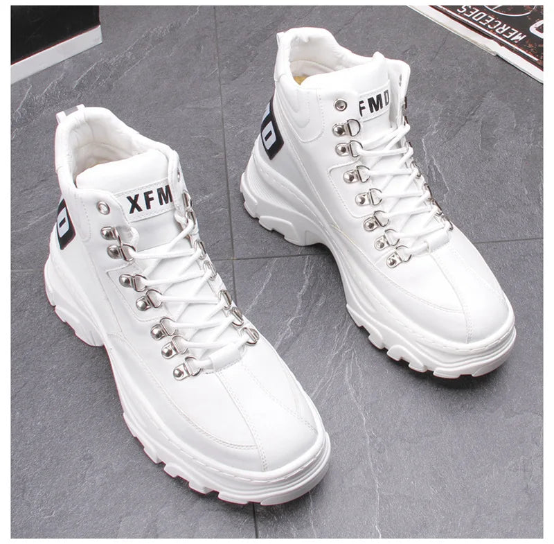 White High Top Board Boots for Men Thick Soled Men Boots with Elevated Height Inside Outdoor Casual Versatile High-top Shoes