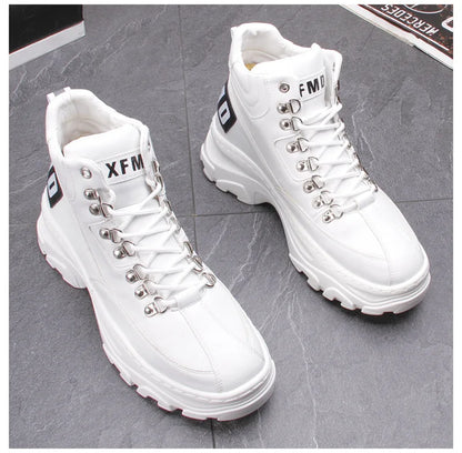 White High Top Board Boots for Men Thick Soled Men Boots with Elevated Height Inside Outdoor Casual Versatile High-top Shoes