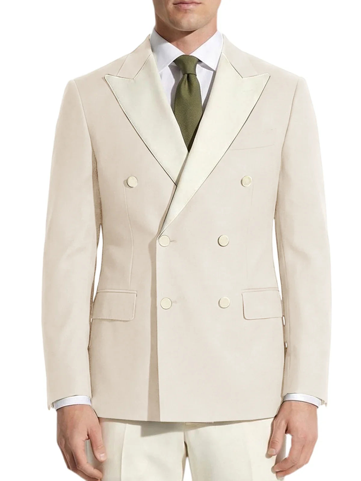Classic Men's Tuxedo Jacket White Peak Lapel Patched Double Breasted Slim Fit Blazer for Business Formal Wedding Groom Prom Coat