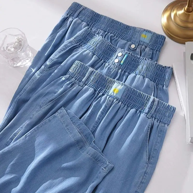 Women's Ice Silk Denim Pants Yoga Sports Thin Loose Style Summer Casual Wide Leg Harajuku Loose Waist