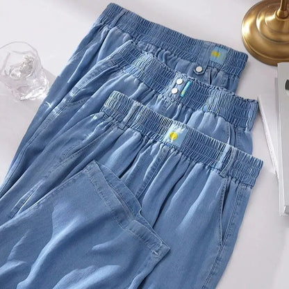 Women's Ice Silk Denim Pants Yoga Sports Thin Loose Style Summer Casual Wide Leg Harajuku Loose Waist