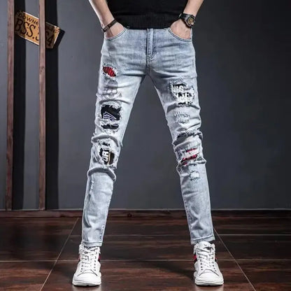 Korean Man Designer Clothes 2025 White Jeans Men Spring Autumn Printed Students Slim Stretch Pencil Pants Workwear Long Trousers