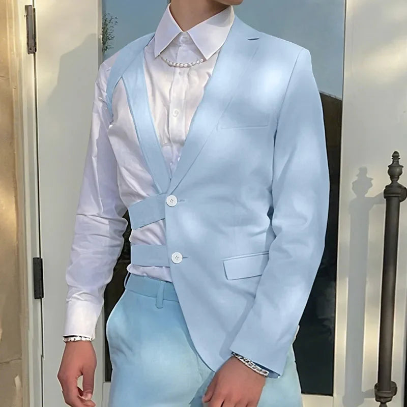 Men Irregular Blazer Lapel One-shoulder Long Sleeve Button Hollow Out Casual Suit Men Streetwear 2025 Fashion Thin Coats