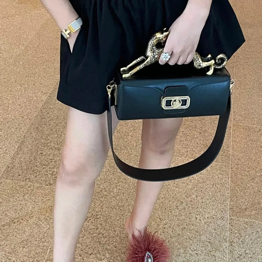 Square cowhide fashion personality versatile party shoulder bag with the same leopard handle bag high-end feeling women's bag.