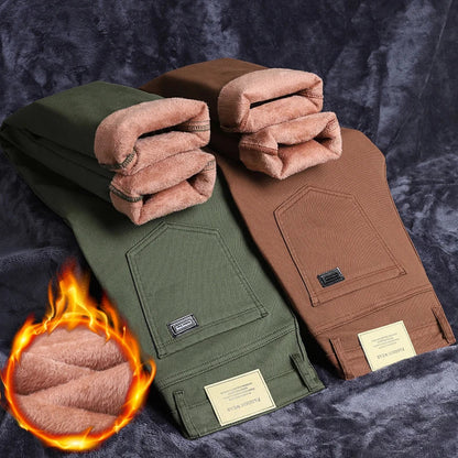 Winter New Cotton Fleece Jeans Men's Fit Straight Warm Plus Velvet Denim Pants Fashion Warm Soft Elasticity Casual Trousers