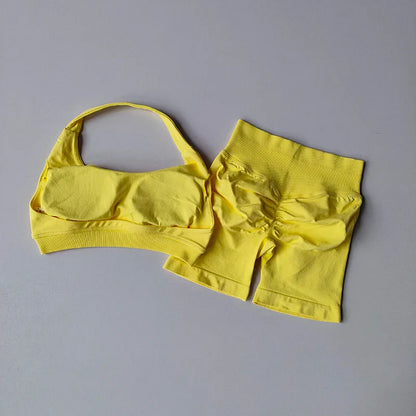 Sexy Halter Neck Beautiful Back High Waist Peach Sports Bras Shorts Suit Pilates Gathering Yoga Vest Training Fitness Bra Sets