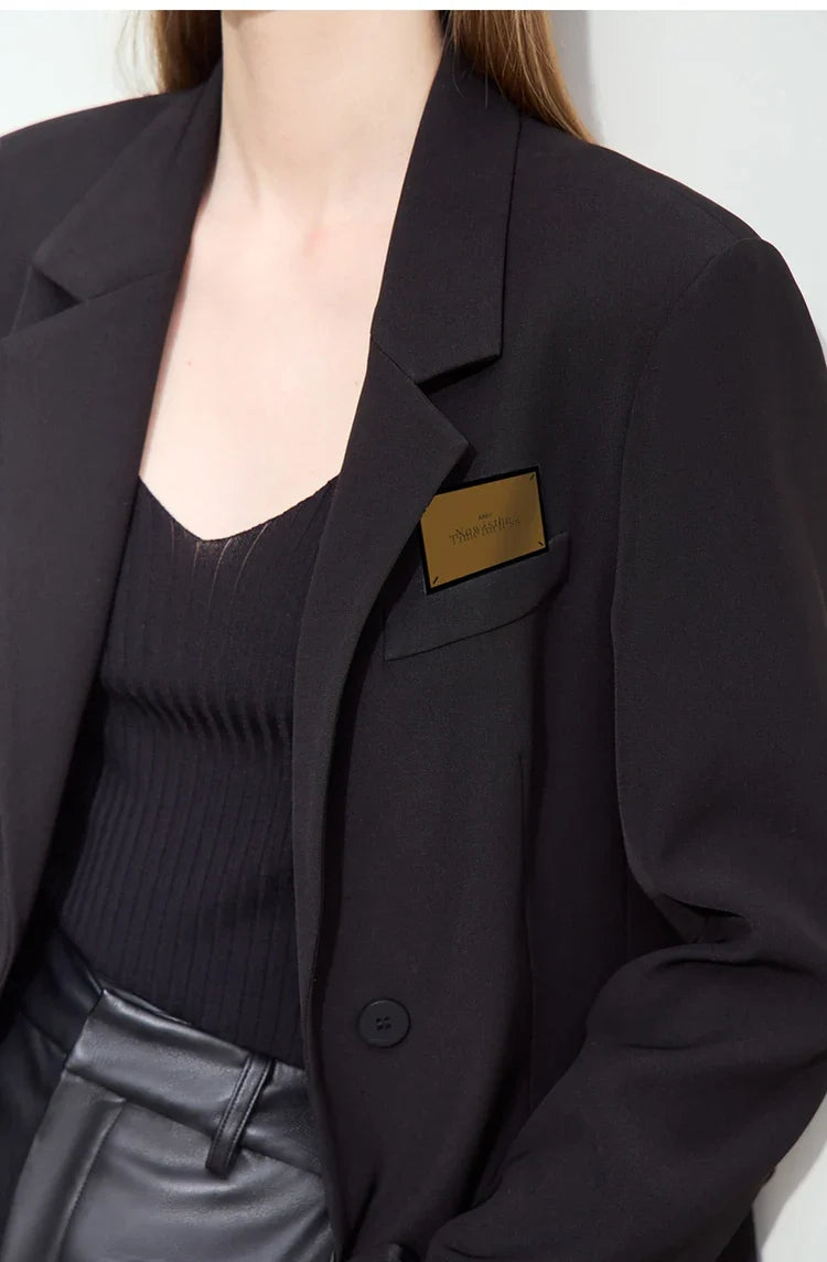 Minimalism Women's Blazers 2025 Autumn New Lapel Collar Shoulder Pad Fashion Slit Mid-length Basic Female Jackets 12443096