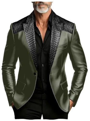 Men's Faux Suede Jacket with PU Leather Collar & Shoulder Two-Tone Blazer Contrast Trim Coat