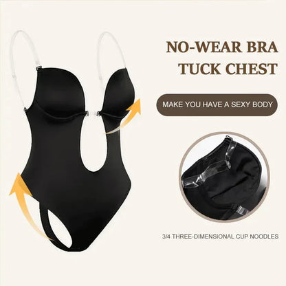 One-Piece Deep V-Neck Push Up Body Shapewear Bodysuit Women's Thong Bottom Underwear Slimming U-Shaped Low Back Backless Corset