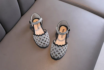 Summer Girl's Sandals Sliver Pink Diamante Luxury Hollow-out Kids Sliders Hook-loop Round Toe Glitter Stylish Children Shoe26-36