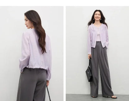 Women's Oversized Lyocell Shirt 2026 Spring Summer Round Neck Long Sleeve Drawstring Sheer Casual Top 161WB5014
