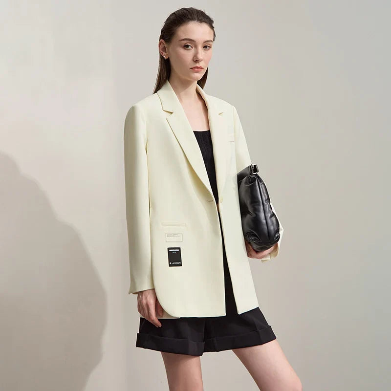 Blazers For Woman 2025 Autumn New Loose Beige Solid Elegant Blazer Ladies Long Sleeves Medium Long Women's Jacket 12553007