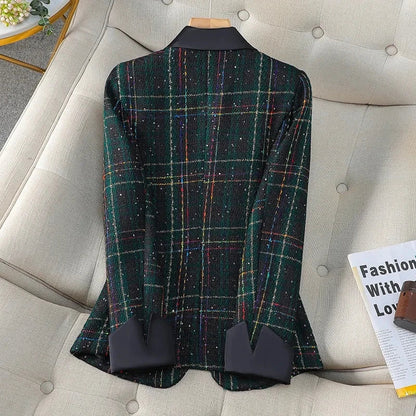 Spring Autumn Women's Blazer Jacket 2025 Casual Korean Version Ladies Suit Coat Long Sleeve Plaid Tweed Fashion Lady Outerwear
